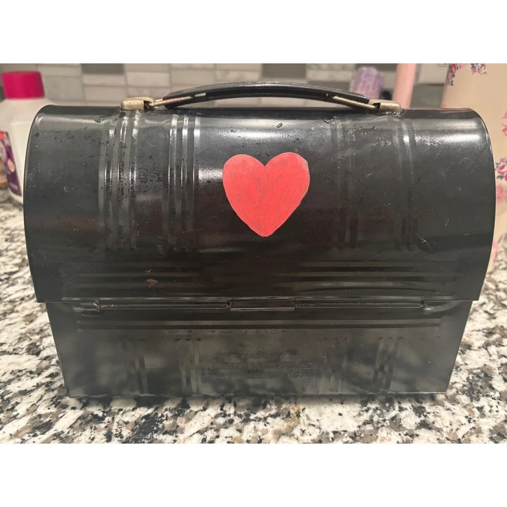 Vintage Aladdin Metal Dome Lunch‎ Box Black with Hand Painted Red Hearts Retro